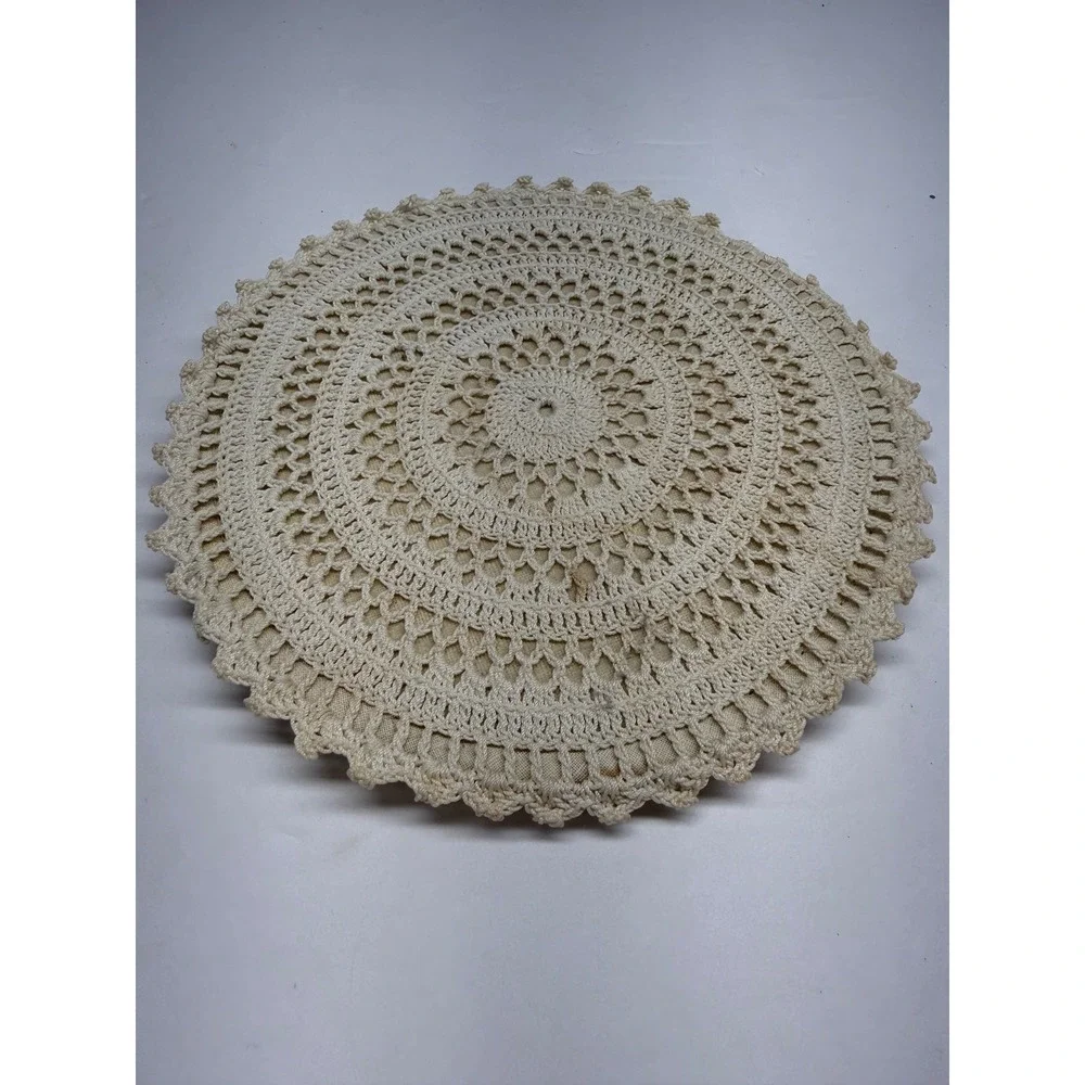 Vintage Hand Crochet Doily Round Scalloped Lace Cream Trivet  8in